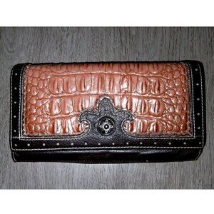 Western Genuine Leather Dark Brown and Tan Orange Clutch Wallet Cowgirl Boho